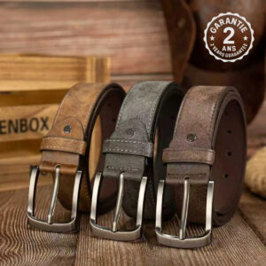 Ceinture Homme Cuir Grainé Vintage Boucle Acier 110 120 cm Marron Gris Classique