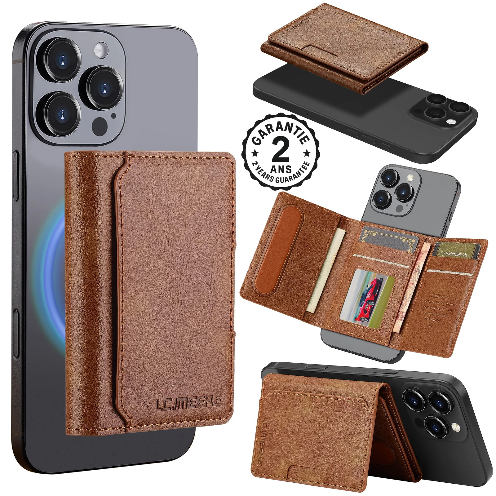 Portefeuille Porte Cartes 5 CB iPhone Magsafe Anti RFID Cuir PU Magnétique Luxe