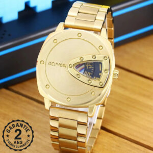Montre Homme Ronde Lunette Petit Triangle Quartz Acier Inoxydable Bracelet Doré