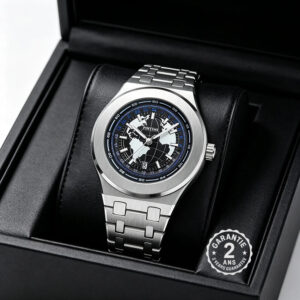 Montre Homme Automatique Acier Mappemonde Carte du Monde Dateur 100m PINTIME