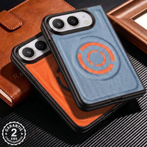 Coque iPhone Duo Magsafe Magnétique Tissu Antichoc Bleu Noir Orange Prune Vert