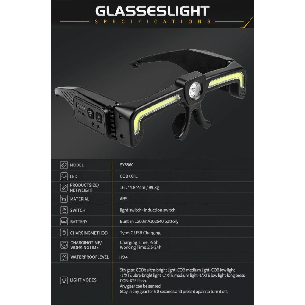 Lampe Frontale Lunettes LED à Induction COB XTE Rechargeable USB IPX4 Atelier – Image 16