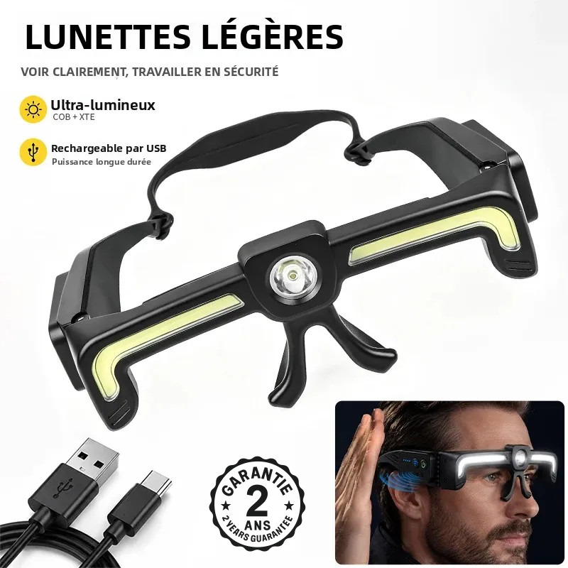 Lampe Frontale Lunettes LED à Induction COB XTE Rechargeable USB IPX4 Atelier