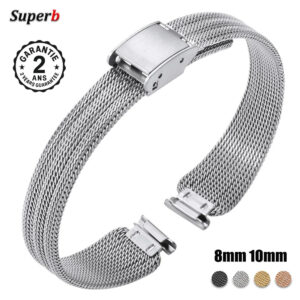 Bracelet de Montre Femme Maille Milanaise Acier 8mm 10mm Argenté Doré Rose Noir