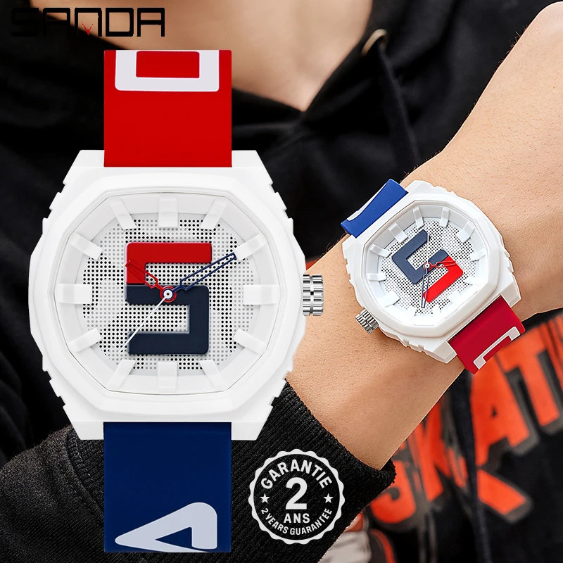 Montre Homme Femme Quartz Sport Silicone Colorée Mode Pop Rouge Bleu Blanc Sanda