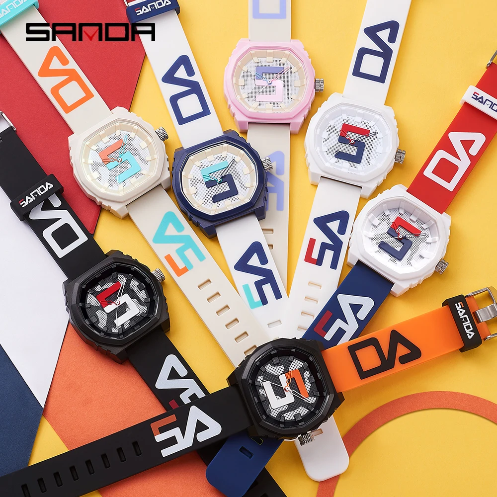 Montre Homme Femme Quartz Sport Silicone Colorée Mode Pop Rouge Bleu Blanc Sanda – Image 3