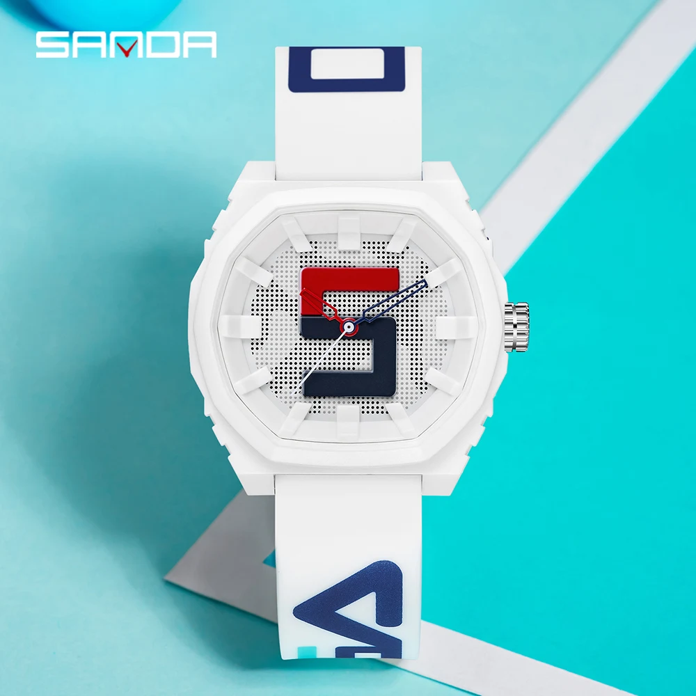 Montre Homme Femme Quartz Sport Silicone Colorée Mode Pop Rouge Bleu Blanc Sanda – Image 5