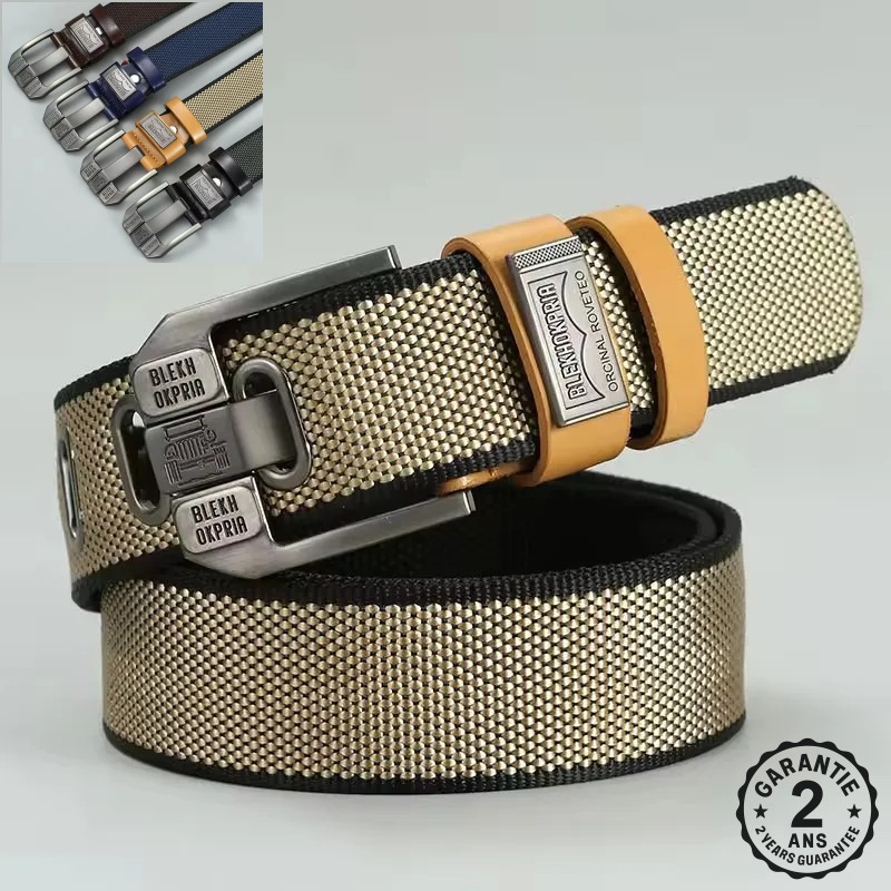 Ceinture Homme Tressée Nylon Boucle Acier Inox Picots Dorés Mode Fashion 120cm