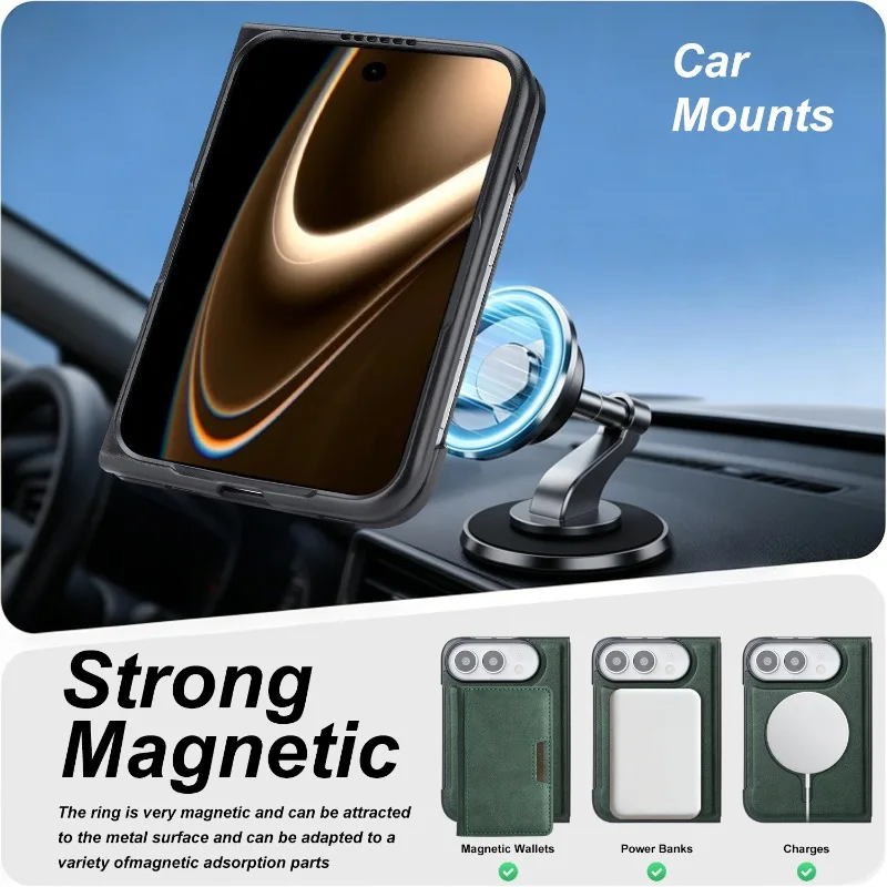 Coque Cuir iPhone Duo MagSafe Portefeuille 5 Cartes Fermeture Boutons Pression – Image 4