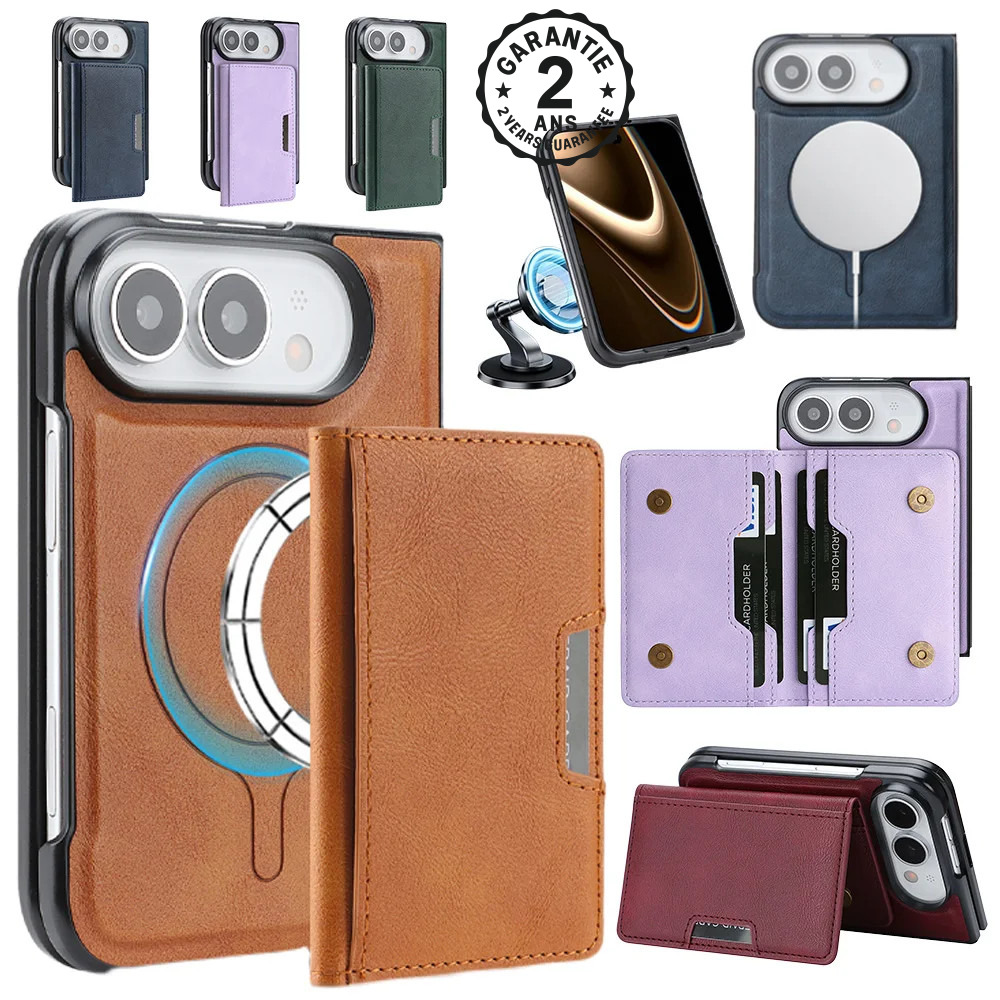 Coque Cuir iPhone Duo MagSafe Portefeuille 5 Cartes Fermeture Boutons Pression