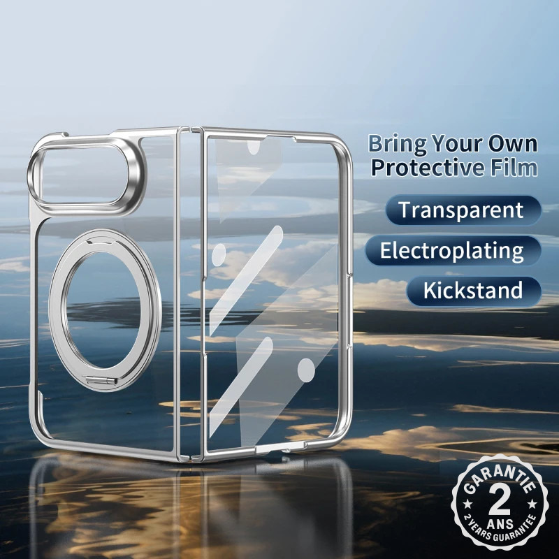 Coque iPhone Duo + Verre Trempé 360 Magsafe Transparente Anneau Rotatif Argenté
