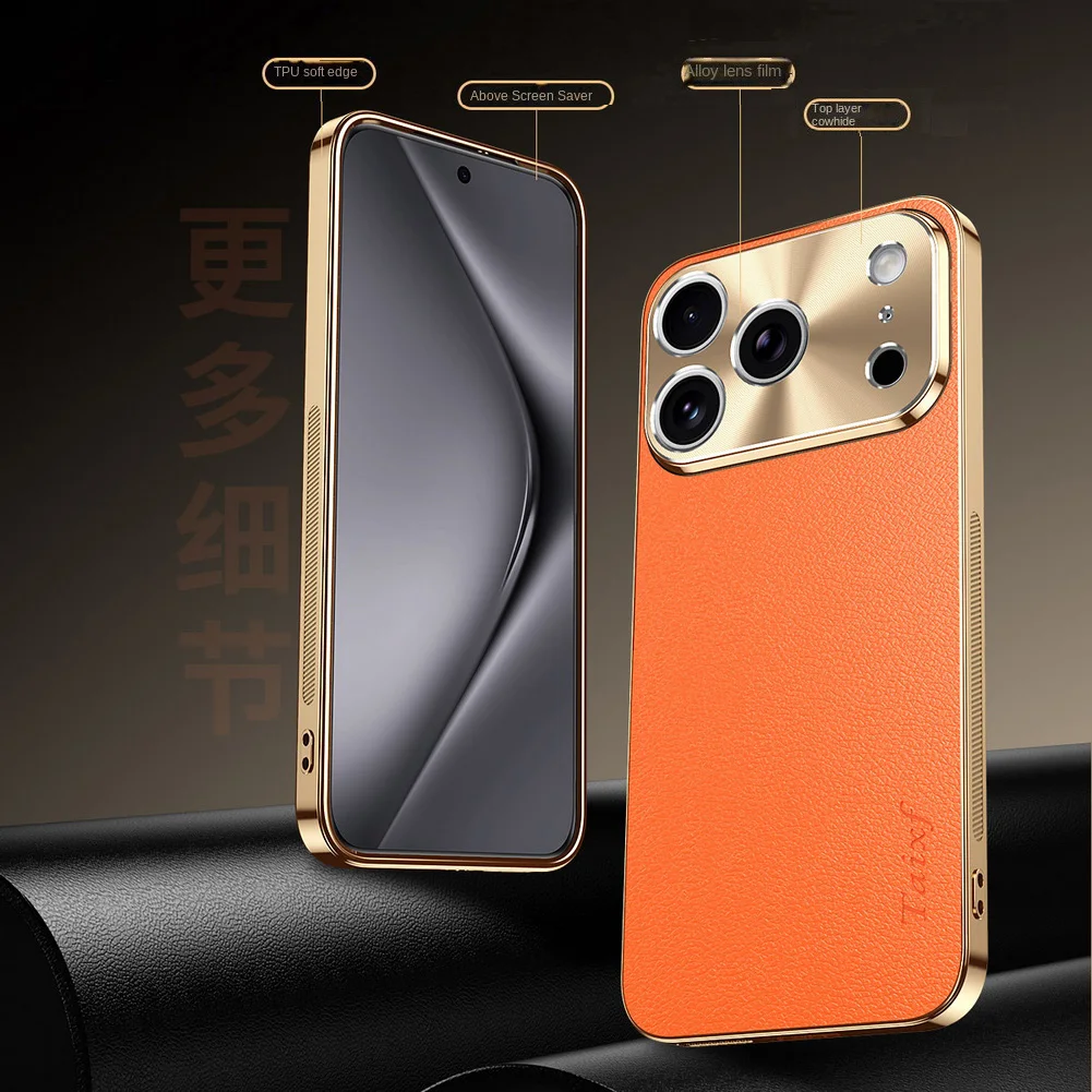 Coque iPhone 18 17 16 15 14 13 Cuir Toucher Litchi Plaqué Doré Protection Caméra – Image 5