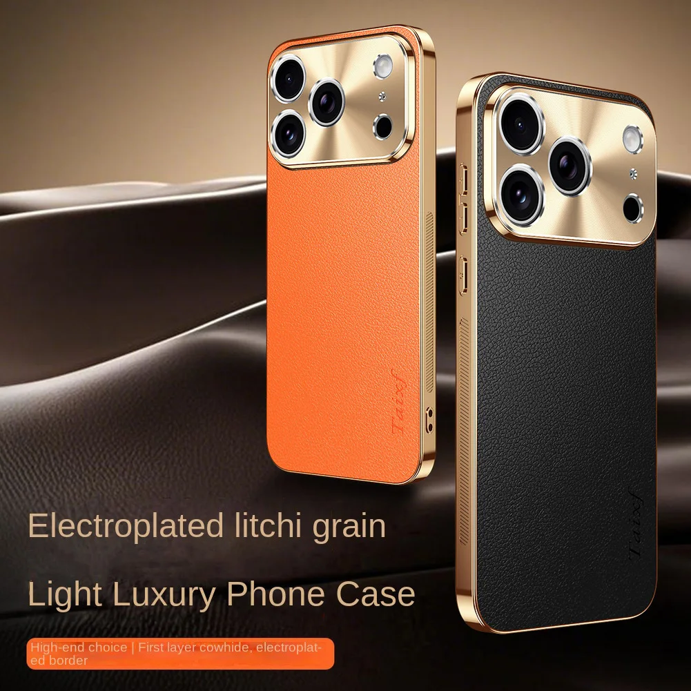 Coque iPhone 18 17 16 15 14 13 Cuir Toucher Litchi Plaqué Doré Protection Caméra – Image 2