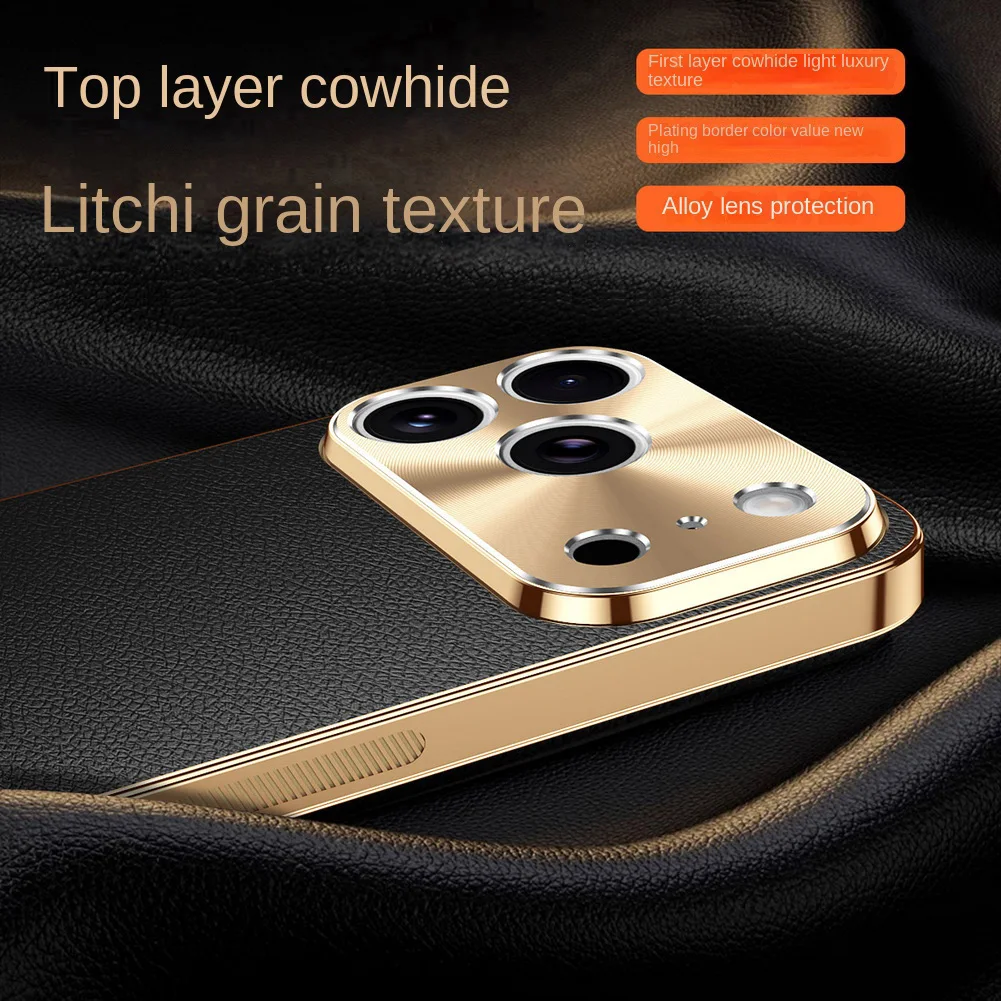 Coque iPhone 18 17 16 15 14 13 Cuir Toucher Litchi Plaqué Doré Protection Caméra – Image 3