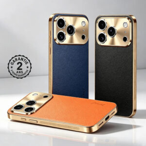 Coque iPhone 18 17 16 15 14 13 Cuir Toucher Litchi Plaqué Doré Protection Caméra