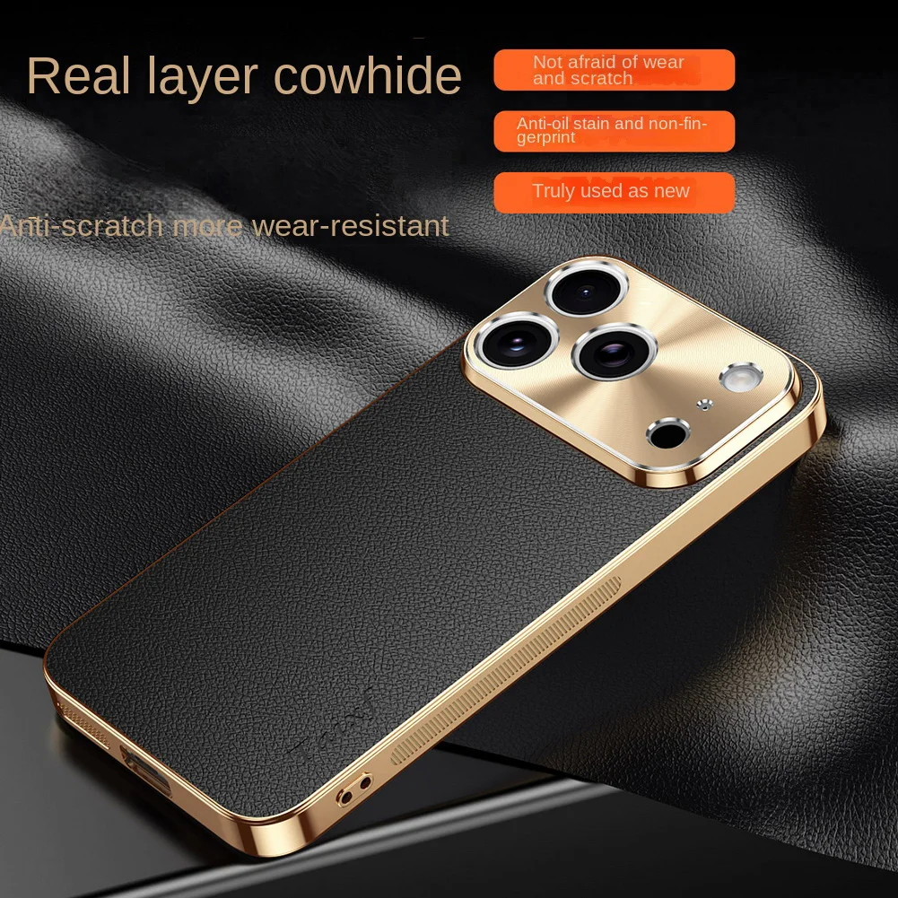 Coque iPhone 18 17 16 15 14 13 Cuir Toucher Litchi Plaqué Doré Protection Caméra – Image 4