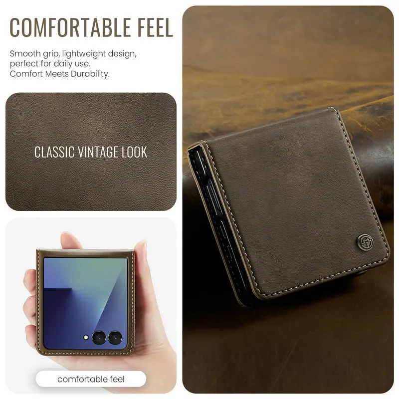 Coque Housse Étui Galaxy Z Flip 8 7 Cuir Véritable Marron Anti-choc Style Luxe – Image 3