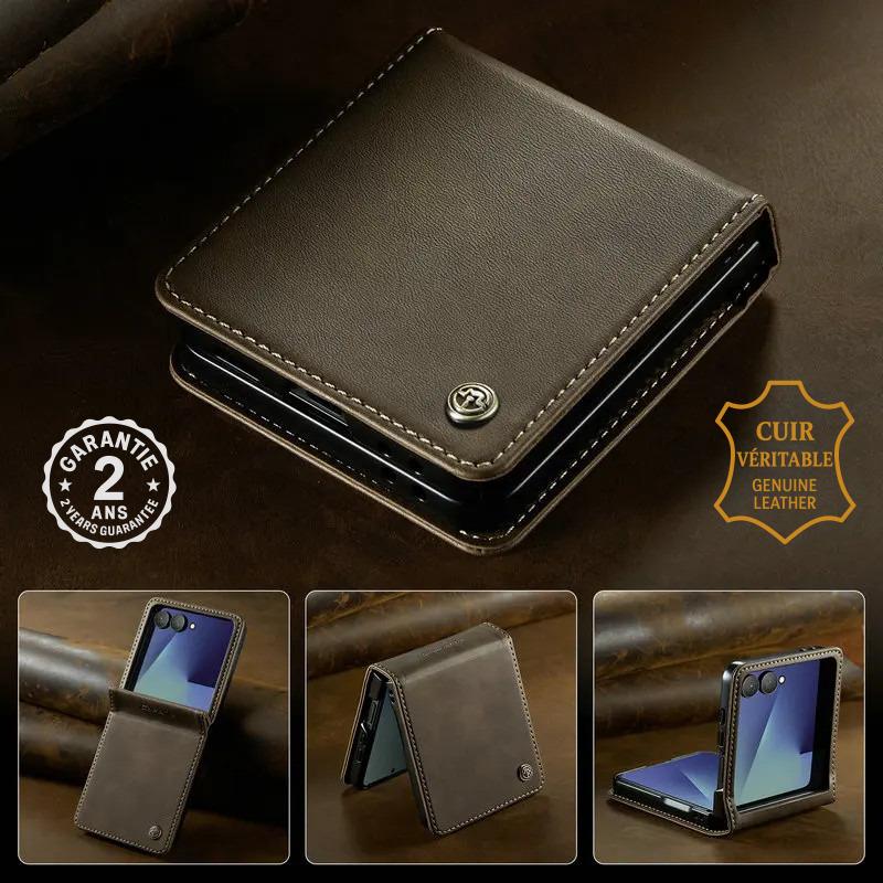 Coque Housse Étui Galaxy Z Flip 8 7 Cuir Véritable Marron Anti-choc Style Luxe