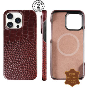 Coque iPhone 18 17 16 15 Pro Max Air MagSafe Cuir Motif Alligator Marron Noir