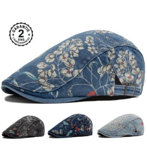 Casquette Homme Jean Denim Vintage Motif Fleuri Fleurs Réglable Coton Bleu Noir