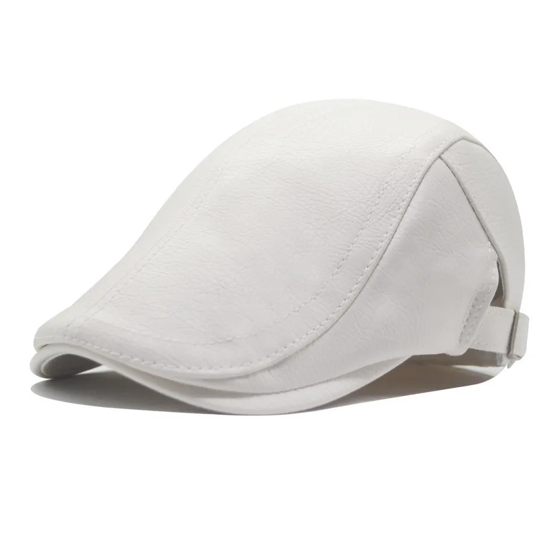 Béret Casquette Homme Cuir PU Grainé Marron Blanc Noir Vintage Rétro Réglable – Image 4