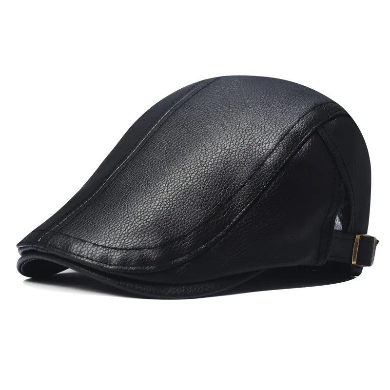 Béret Casquette Homme Cuir PU Grainé Marron Blanc Noir Vintage Rétro Réglable – Image 5