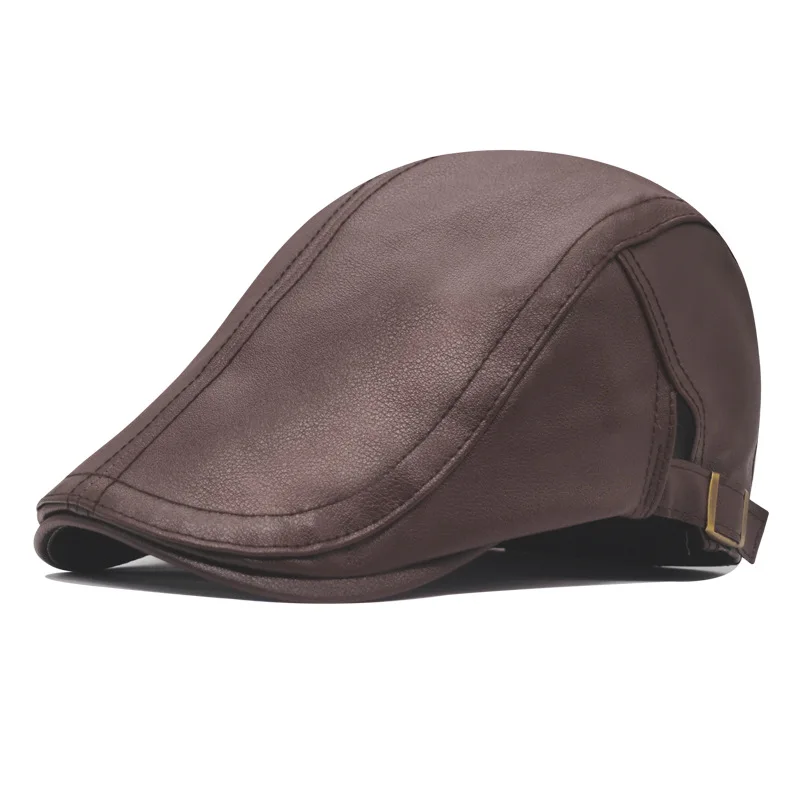 Béret Casquette Homme Cuir PU Grainé Marron Blanc Noir Vintage Rétro Réglable – Image 2