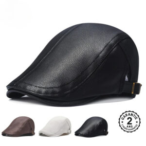 Béret Casquette Homme Cuir PU Grainé Marron Blanc Noir Vintage Rétro Réglable