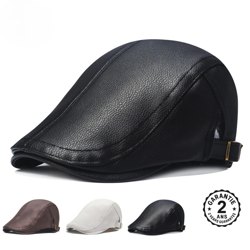 Béret Casquette Homme Cuir PU Grainé Marron Blanc Noir Vintage Rétro Réglable