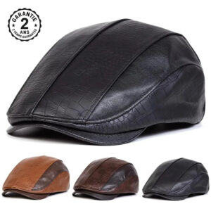 Béret Casquette Gavroche Homme Cuir PU Bicolore Noir Marron Foncé Marron Clair