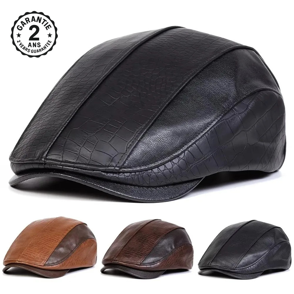 Béret Casquette Gavroche Homme Cuir PU Bicolore Noir Marron Foncé Marron Clair