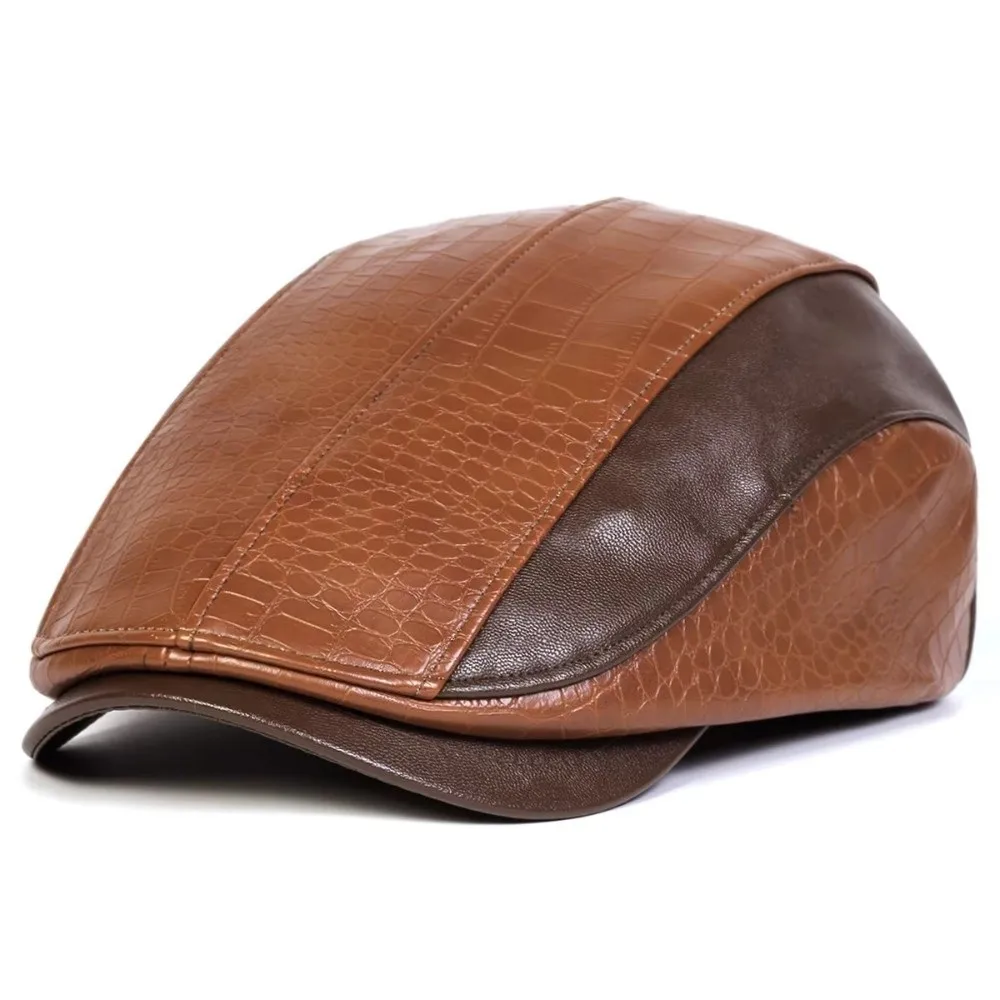 Béret Casquette Gavroche Homme Cuir PU Bicolore Noir Marron Foncé Marron Clair – Image 2