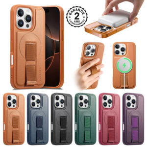 Coque Cuir MagSafe iPhone 18 17 16 15 14 13 Pro Max Plus Marron Sangle Anti-Choc