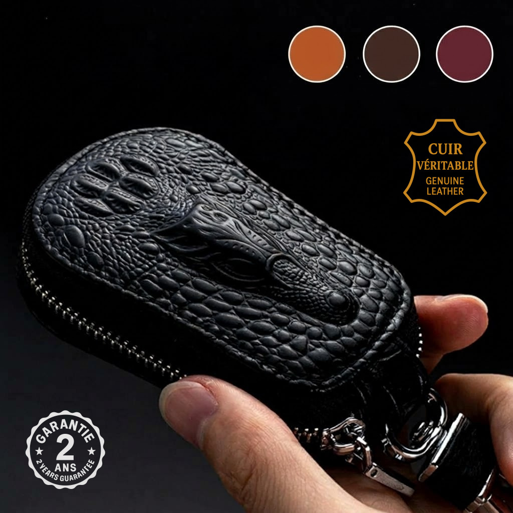 Coque Etui de Clé de Voiture Cuir Noir Fermeture Éclair Zip 360° Tête de Dragon