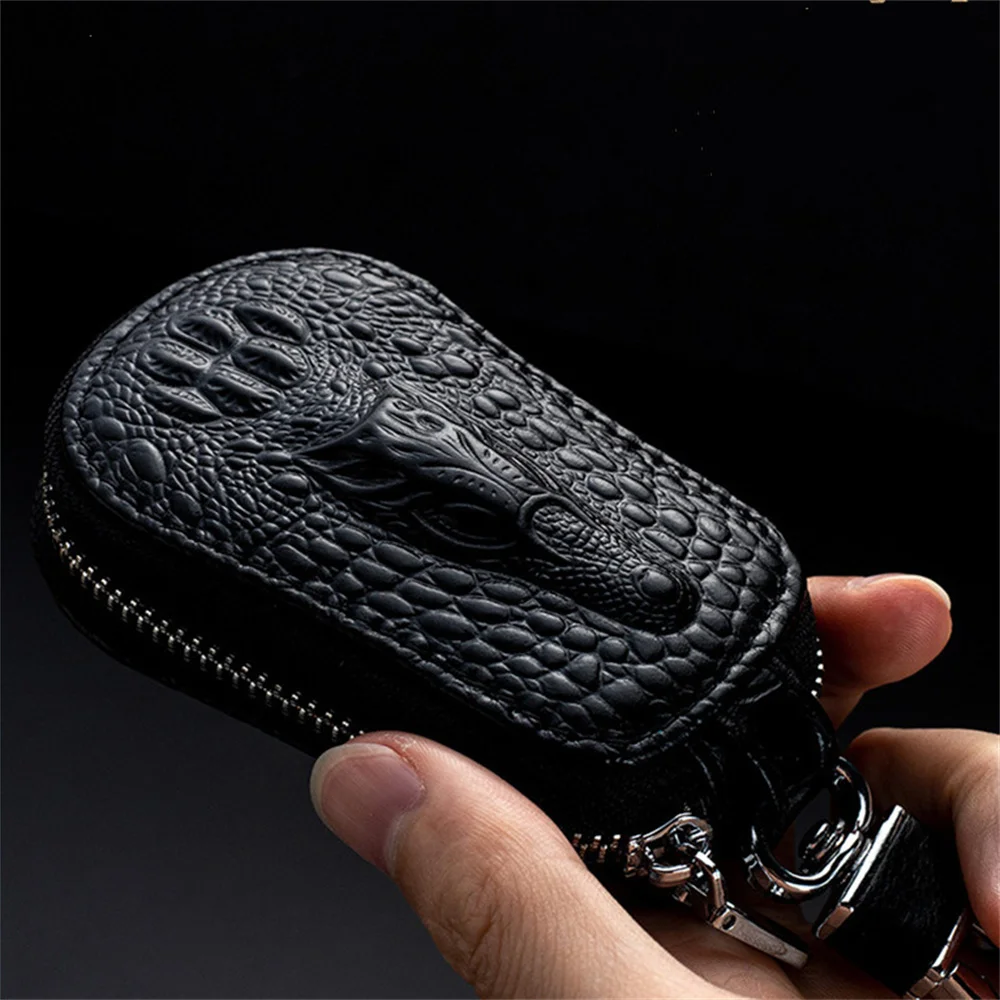 Coque Etui de Clé de Voiture Cuir Noir Fermeture Éclair Zip 360° Tête de Dragon – Image 5