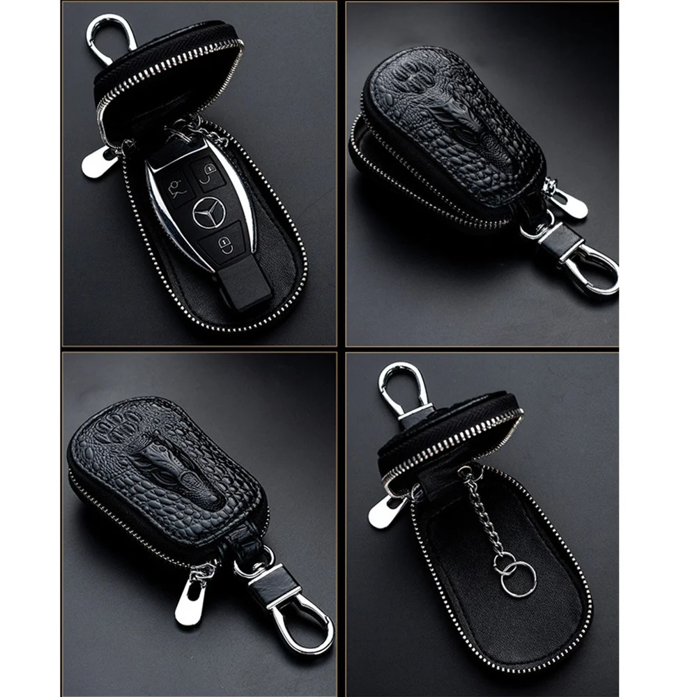 Coque Etui de Clé de Voiture Cuir Noir Fermeture Éclair Zip 360° Tête de Dragon – Image 4