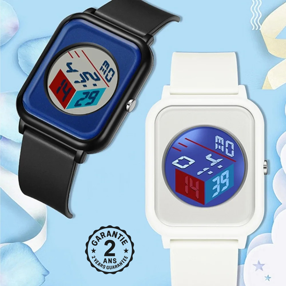 Montre Homme Femme Carré Digitale Silicone Affichage 3D Chrono Alarme Calendrier