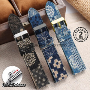 Bracelet de Montre Coton Lin Cuir Indigo Motif Floral Boucle Ardillon 20mm 22mm