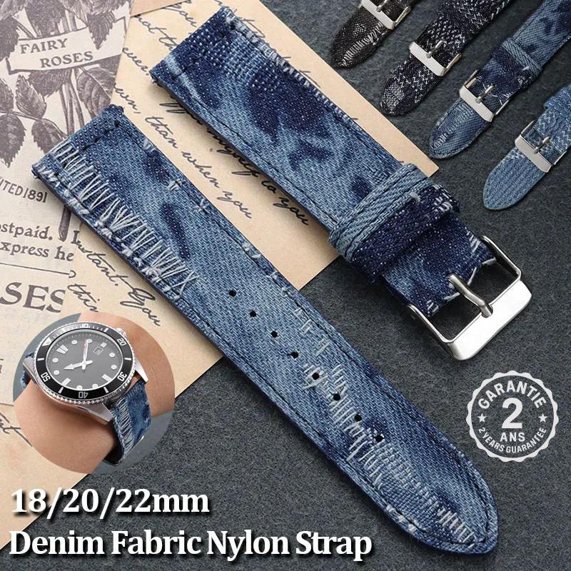 Bracelet de Montre Denim 18mm 20mm 22mm pour Huawei Seiko Bleu Nylon Pose Rapide