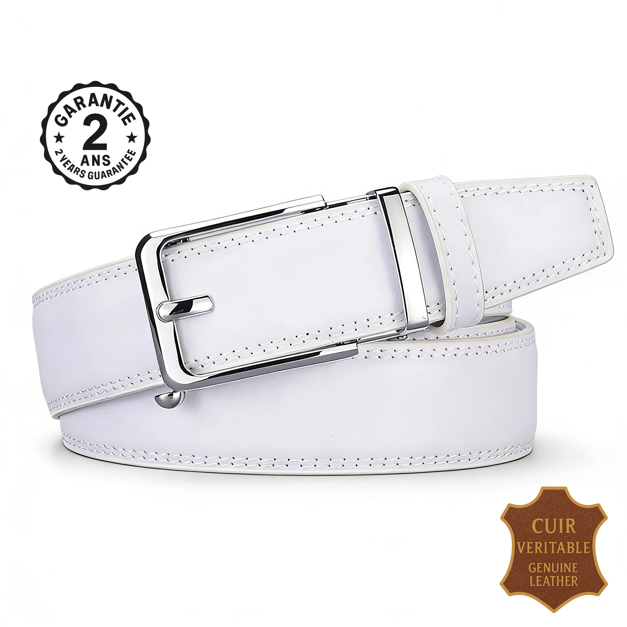 Ceinture Homme Cuir Véritable Blanche Automatique Acier 105 110 115 120 125 cm