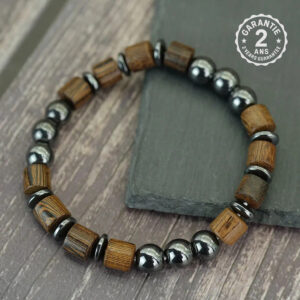 Bracelet Homme Hématite Bois Naturel Yeux De Tigre Noir Mat Élastique 19 20 cm