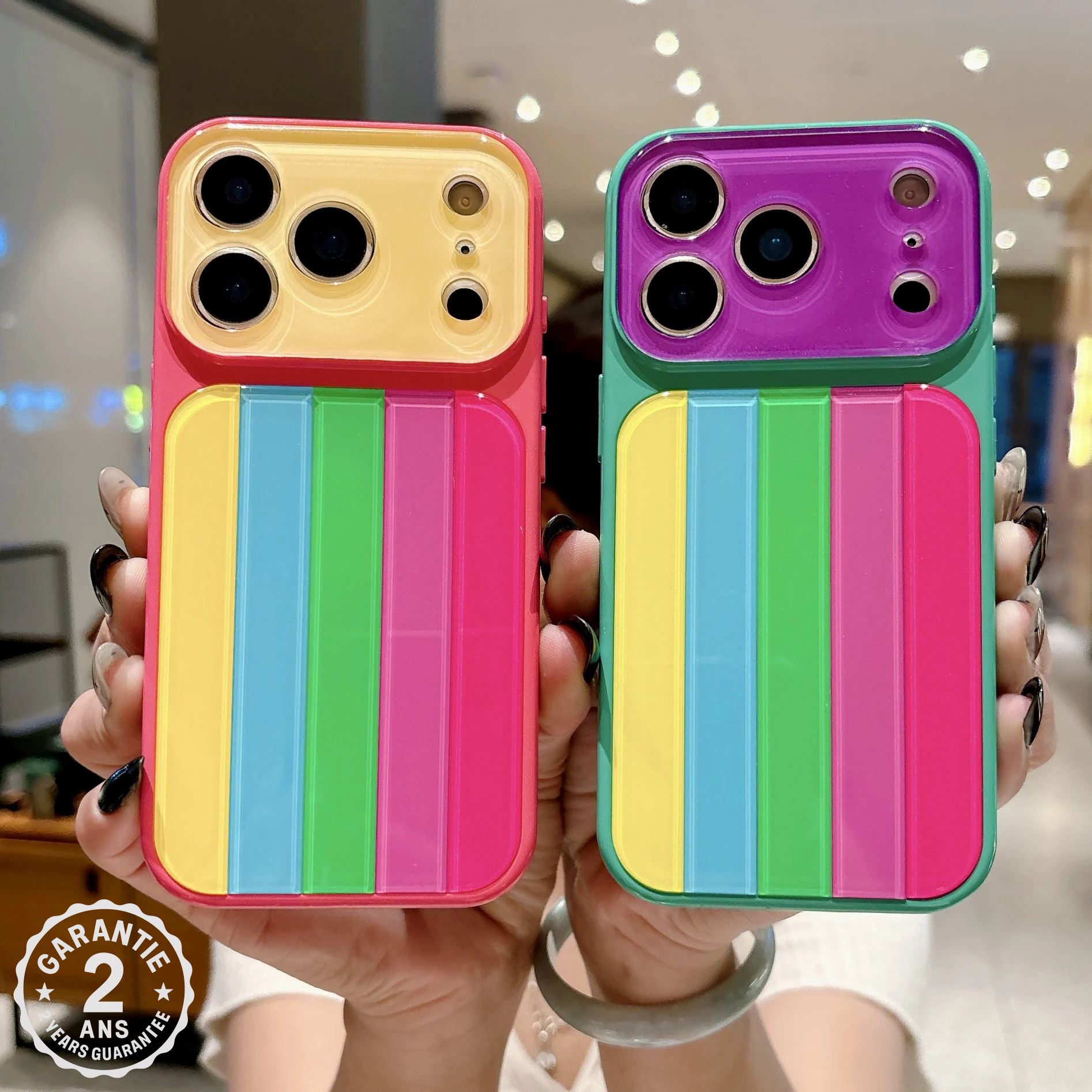 Coque iPhone 17 16 15 14 Pro Max Rainbow Bandes Multicolores Brillantes Antichoc