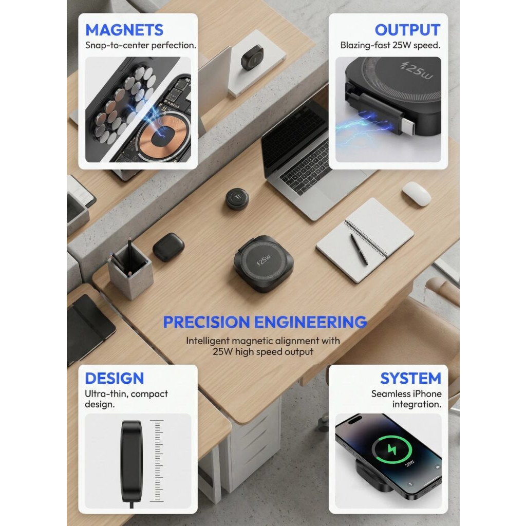 Chargeur Sans Fil Rapide 25W Qi2 Magnétique USB-C iPhone AirPod Câble Extensible – Image 8