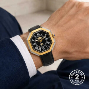 Montre Homme HEROFORCE Quartz Octogone Acier Doré Cuir Noir Chiffres Romains