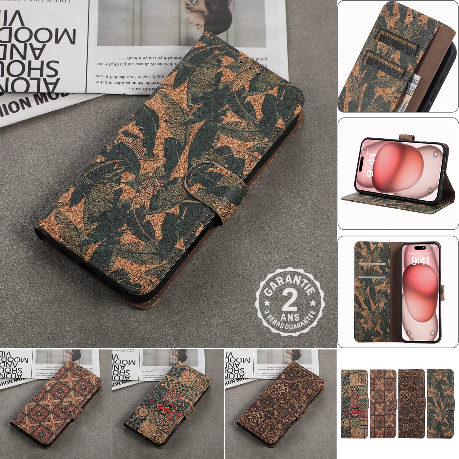 Coque iPhone 17 16 15 14 13 12 Pro Max Plus Air Portefeuille Cuir PU Floral Wind