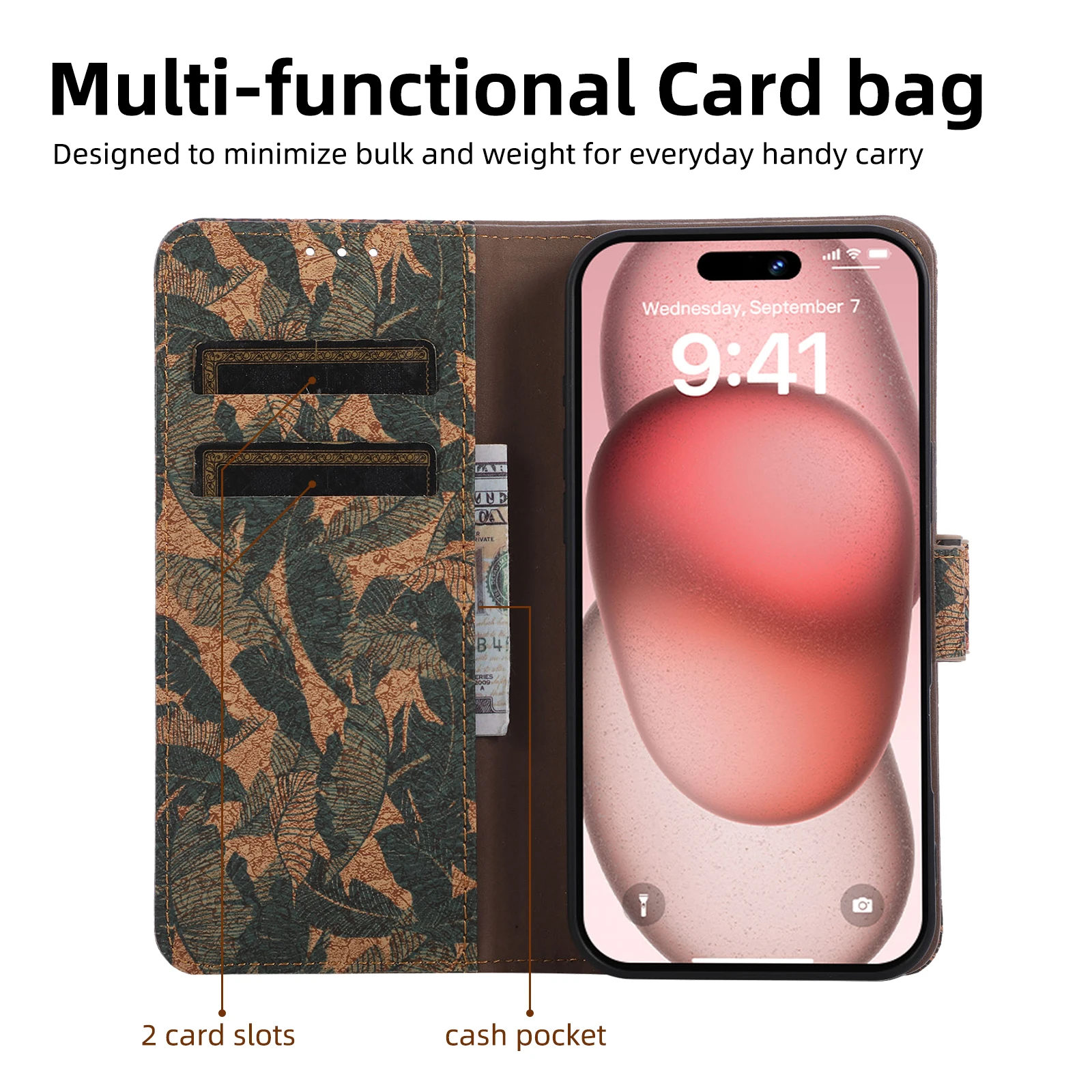 Coque iPhone 17 16 15 14 13 12 Pro Max Plus Air Portefeuille Cuir PU Floral Wind – Image 3