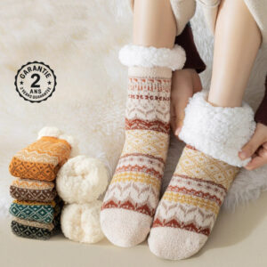 Chaussettes de Sol Femme Laine Polaire Hiver Thermique Mi-Mollet Antidérapant