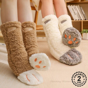 Chaussettes de Sol Femme Mi-Mollet Thermiques Laine Antidérapant Pattes de Chat
